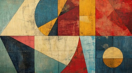 Poster - abstract mixed media piece where overlapping geometric shapes in bold colors like red, blue, and yel