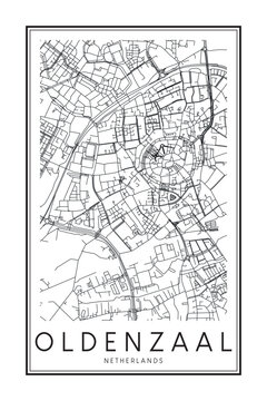 Printable downtown road map poster of the Dutch city of OLDENZAAL on solid white background with city name