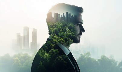 Poster - Man's profile with city and nature double exposure.