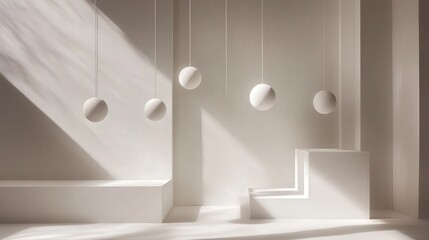 Poster - modern, minimalist scene with a pure white background and abstract shapes in 3D, suspended as if weightless.