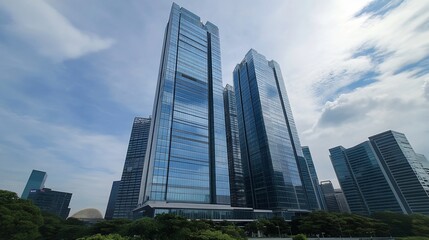 Aufkleber - Modern skyscrapers reflecting the sky amidst a city landscape.