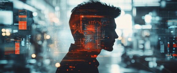 Poster - Silhouette of a person with digital overlays suggesting technology themes.