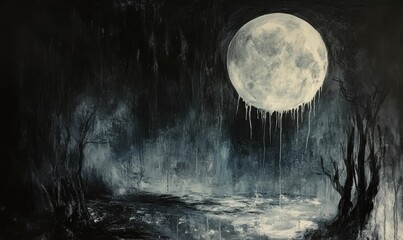 Wall Mural - Melting moon, dark trees, swampy landscape.