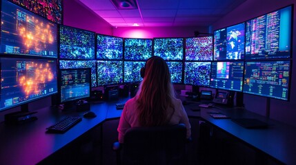 Leinwandbilder - Woman monitoring multiple screens in a dark control room.