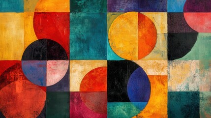 Aufkleber - vibrant abstract mixed media design with overlapping geometric shapes. Circles, squares, and triangles in bold, contrasting colors create a dynamic layout.