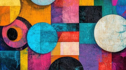 Aufkleber - vibrant abstract mixed media design with overlapping geometric shapes. Circles, squares, and triangles in bold, contrasting colors create a dynamic layout.