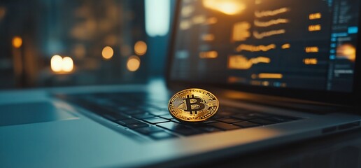 Poster - A Bitcoin coin rests on a laptop keyboard, symbolizing digital currency.
