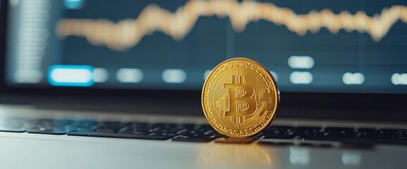 Poster - A Bitcoin coin placed on a laptop with a financial chart in the background.