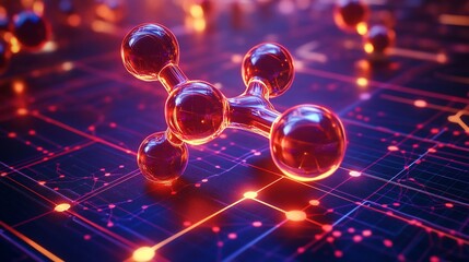Poster - A 3D representation of a molecular structure with glowing connections.