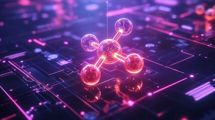 Poster - A digital representation of a molecular structure in a futuristic environment.