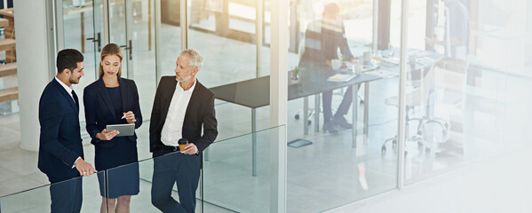 Aufkleber - Banner, above and teamwork with business people and tablet in office for planning, investment banker or advice. Online, budget proposal and network with employees in financial firm for company equity