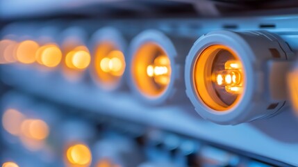 Poster - illuminated light bulbs in a control panel industrial setting close-up view technology showcase