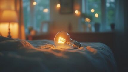 Poster - Light bulb softly blurred, casting a cozy, ambient glow as warm light spreads into the surrounding dark, creating a dreamy scene