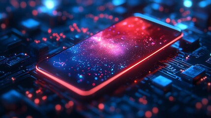 Poster - A futuristic smartphone on a circuit board, glowing with cosmic colors.