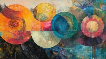 Poster - picture an energetic mixed media artwork where overlapping circular shapes in vivid colors interact 