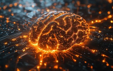 Poster - A human brain with interconnected circuits and glowing data nodes, symbolizing the advanced fusion of human intelligence and artificial intelligence technologies