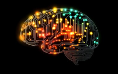 Poster - A human brain with interconnected circuits and glowing data nodes, symbolizing the advanced fusion of human intelligence and artificial intelligence technologies