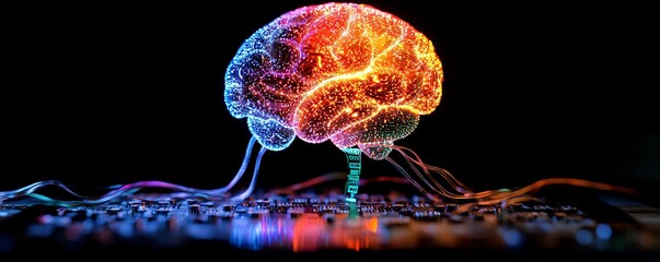 Poster - A luminous human brain linked to a processor with flowing data streams, illustrating the evolution of big data and AI technology