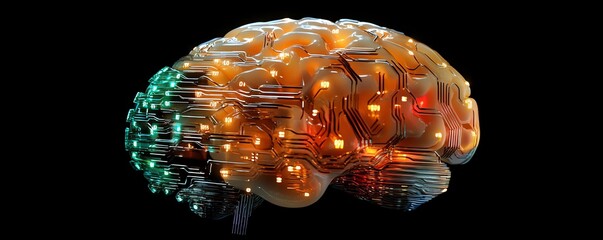 Poster - A luminous human brain linked to a processor with flowing data streams, illustrating the evolution of big data and AI technology
