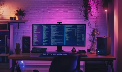 Poster - A modern workspace with a large monitor, speakers, and ambient lighting.