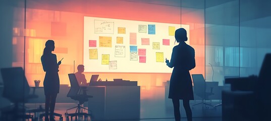 Poster - A dynamic image of a business team discussing a project around a large digital whiteboard, set in a modern office space