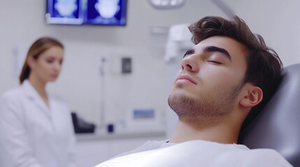 Aufkleber - A young man rests in a dental office while a professional observes.