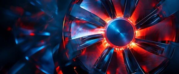 Aufkleber - Abstract close-up of a futuristic turbine with glowing red and blue lights.