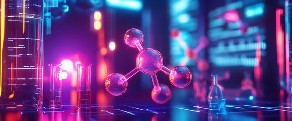 Poster - Abstract representation of molecular structures in a futuristic lab setting.