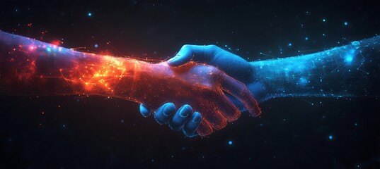 Poster -  A futuristic image of a digital handshake between two businesspeople, glowing against a dark background, representing global partnerships.