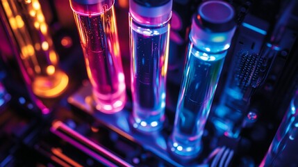 Poster - Colorful liquid-filled tubes in a high-tech setting.