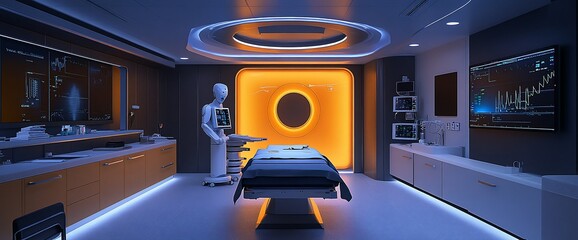 Aufkleber - Futuristic medical room with advanced technology and a robotic assistant.