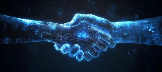 Poster -  A futuristic image of a digital handshake between two businesspeople, glowing against a dark background, symbolizing successful partnerships