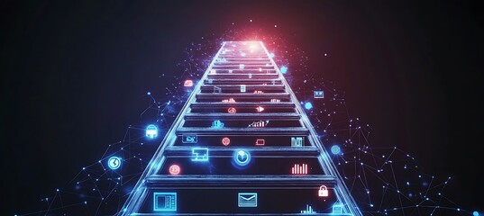Poster -  A futuristic image of a digital ladder leading upwards, with business-related icons at each rung, glowing brightly against a dark background, representing growth in business