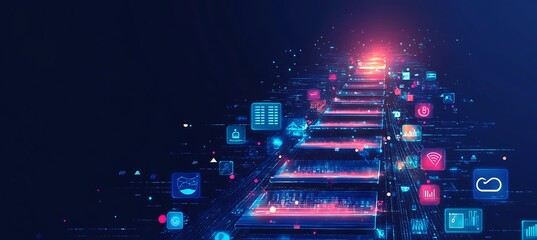 Poster -  A futuristic image of a digital ladder leading upwards, with business-related icons at each rung, glowing brightly against a dark background, representing growth in business