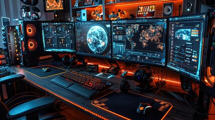 Poster - High-tech gaming setup with multiple monitors, keyboard, mouse, and headset on a desk with orange lighting.