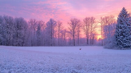 Poster - Snow blankets the ground and trees, as the last light of day casts a soft pink and purple glow across the winter landscape. Peace reigns in this serene forest, filled with the beauty of nature