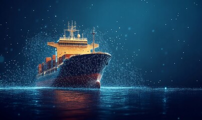 Poster - A cargo ship illuminated in a dark, digital environment, symbolizing transport.