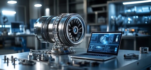 Poster - A detailed turbine engine with a laptop displaying technical data.
