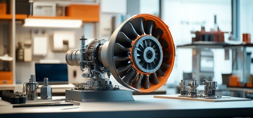Poster - A detailed view of a jet engine model in a workshop setting.