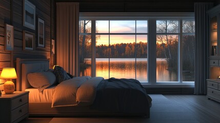 Poster - Serene Lakeside Bedroom Sunset View at Dusk