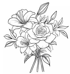 a bouquet of roses and lilies vector line art coloring page, clipart isolated on a white background