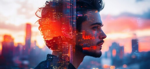 Poster - A double exposure portrait blending a man's profile with a cityscape at sunset.