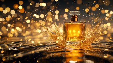 Poster - A perfume bottle splashes in water, surrounded by shimmering golden lights.