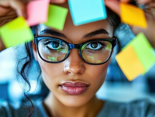 Wall Mural - Woman organizing ideas with sticky notes. AI.