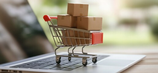 Poster - A shopping cart on a laptop, symbolizing online shopping and delivery.