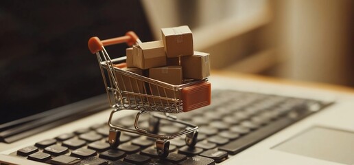 Poster - A shopping cart with boxes on a laptop, symbolizing online shopping.