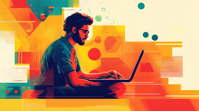 creative art design illustration male office employee working on laptop graphic design. designer work colourful shapes and creative ideas