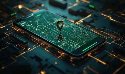 Aufkleber - A smartphone displaying a map with a location marker on a digital background.