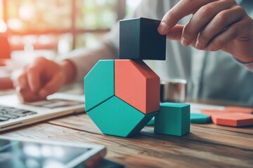 Poster - Person building a colorful block structure on a wooden desk.