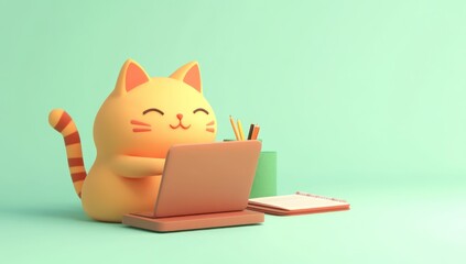 Poster - Cute cartoon cat using laptop, pencils, notebook.